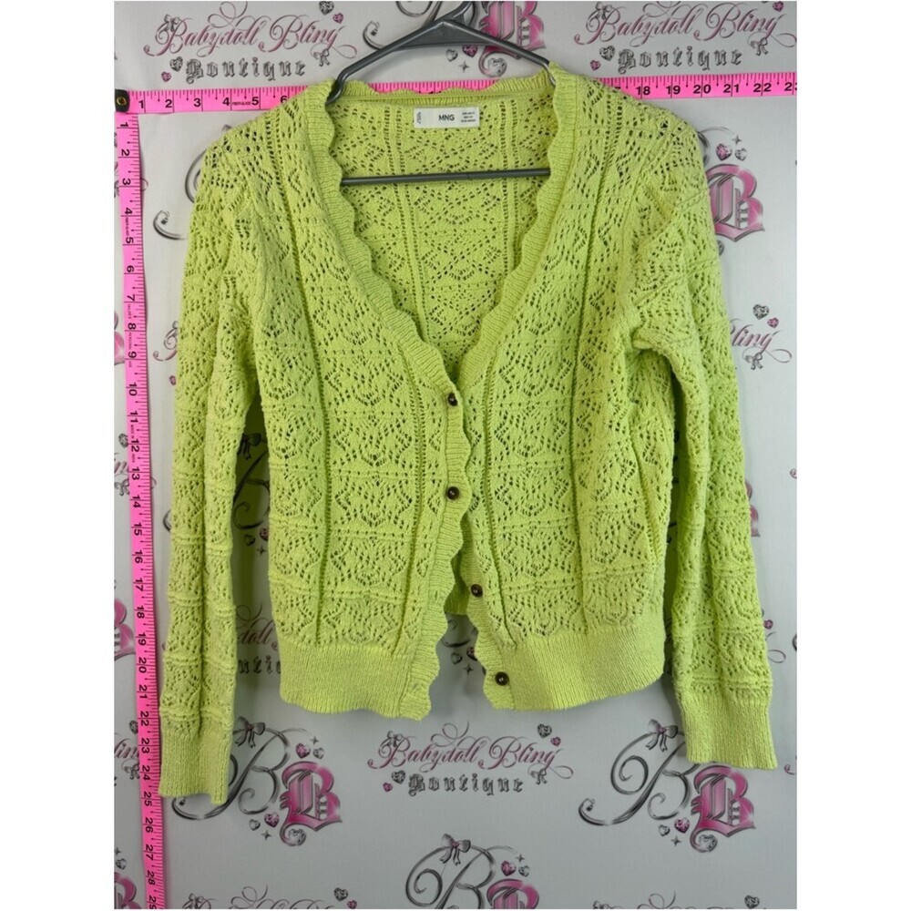 MNG cardigan knit button up Lime Green Lace-Knit Scallop-Edge Cardigan
